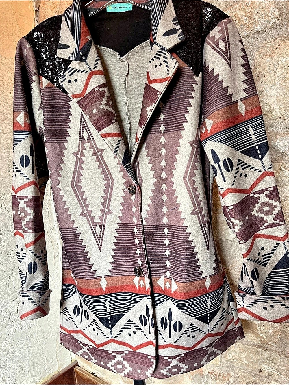 Sunshine & Rodeos Western Print Blazer with Sequin Brown & Black Small